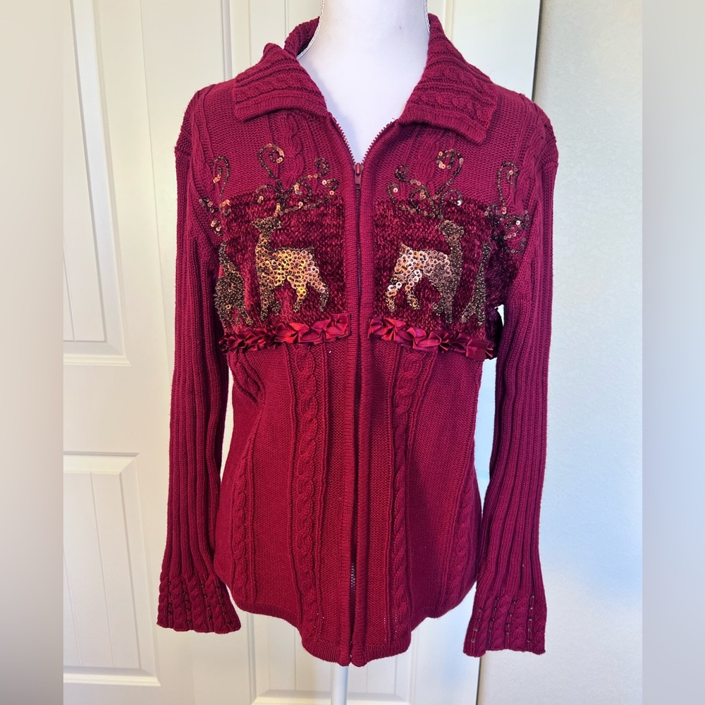 Vintage Storybook Knits Burgundy Sweater Sequin Deer Ribbon Zip up Sz Small